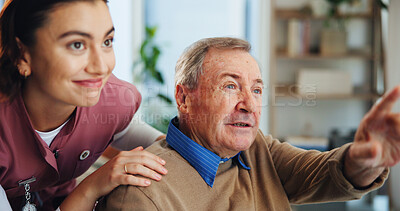 Buy stock photo Home, nurse and senior man with conversation, support and pointing with help, wellness and consulting. Old person, pensioner and caregiver with discussion, medical advice and professional with trust