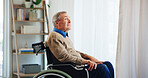 Wheelchair, thinking and elderly man in home for nostalgia, vision or remember past memory. Retirement, thoughts and senior person with disability, daydream or hope for rehabilitation with reflection