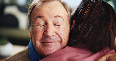 Buy stock photo Hugging, comfort and senior man with nurse for consultation with good news, support and care. Smile, kindness and elderly male patient embracing caregiver for happiness or thank you in nursing home