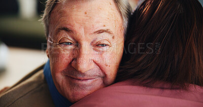 Buy stock photo Hugging, empathy and senior man with nurse for consultation with good news, support and care. Smile, kindness and elderly patient embrace caregiver for happiness, comfort or thank you in nursing home