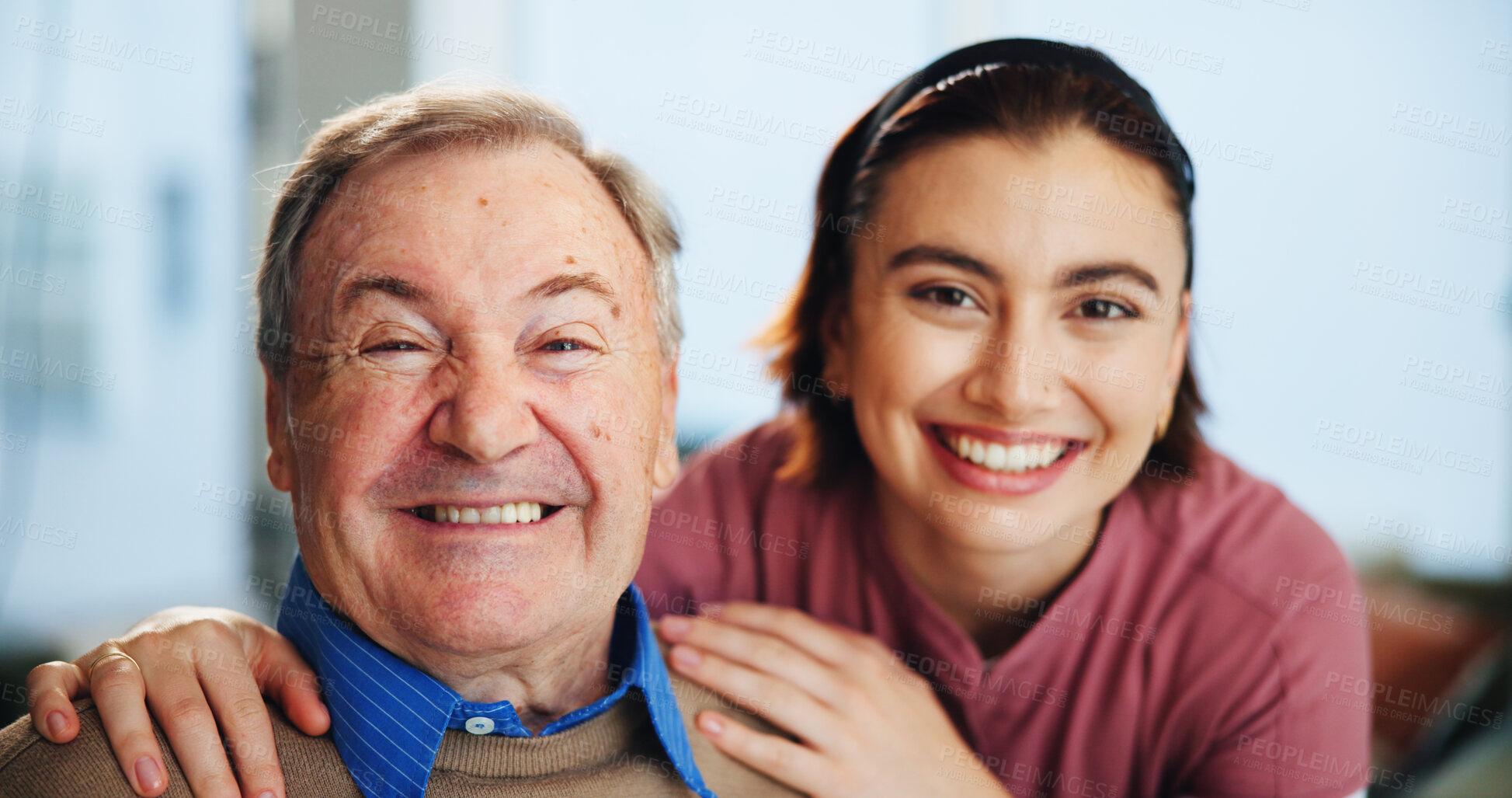 Buy stock photo Portrait, happy and senior man with nurse for consultation with good news, support and care. Smile, kindness and caregiver hugging elderly patient for happiness, empathy or thank you in nursing home.
