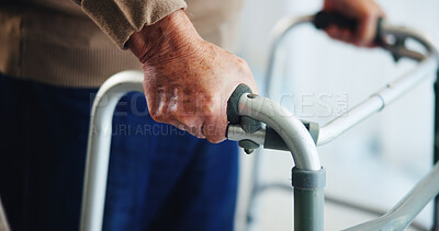 Buy stock photo Walking frame, hands and senior man in home for help, support and mobility assistance. Retirement, health and closeup of person with disability with cane for wellness, injury recovery and balance