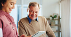 Tablet, consultation and nurse with senior man in clinic office for healthcare research. Digital technology, medical and caregiver with elderly male patient in retirement for chronic illness.