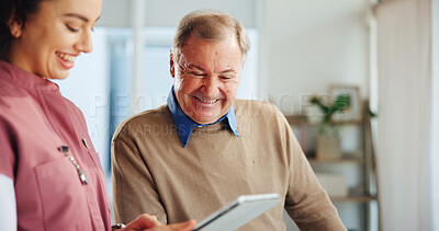 Buy stock photo Tablet, consultation and nurse with senior man in clinic office for healthcare discussion. Digital technology, medical and caregiver with elderly male patient in retirement for chronic illness.