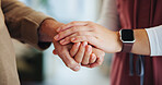 People, elderly care and holding hands in home for support, empathy and help in retirement. Senior man, caregiver and gesture with touch for sympathy, trust and grief counseling in consultation