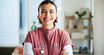 Healthcare worker, nurse and portrait of woman with a smile for hospice care and nursing with arms crossed. Female person, career and pride for job in medical industry as professional at facility