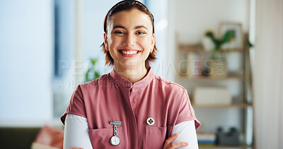 Buy stock photo Healthcare worker, nurse and portrait of woman with a smile for hospice care and nursing with arms crossed. Female person, career and pride for job in medical industry as professional at facility