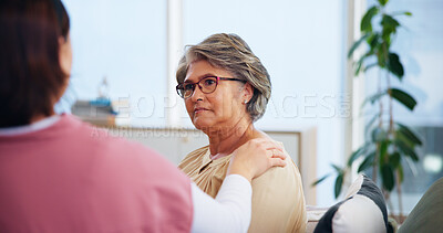 Buy stock photo Nurse, patient and comfort with support for homecare, empathy for bad news and trust in consultation. Advice, counseling and compassion for kindness with caregiver help for elderly care in retirement