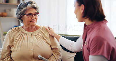Buy stock photo Nurse, patient and support with people for homecare, communication and trust with medical help or empathy. Advice, kindness or wellness with caregiver, senior woman and healthcare in retirement