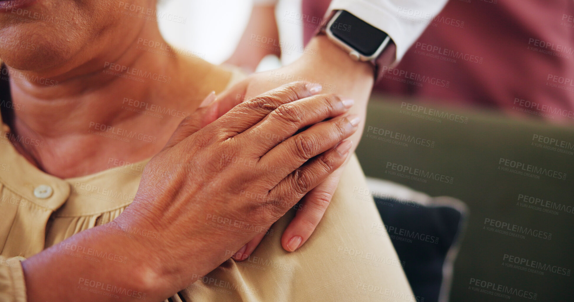 Buy stock photo People, hands and support with patient and caregiver at retirement facility, empathy or comfort for bad news. Health, wellness and compassion for kindness with nurse, helping and elderly care