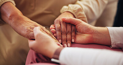 Buy stock photo People, holding hands and support with patient and caregiver is healthcare facility, empathy or comfort for bad news. Advice, closeup and compassion for kindness with nurse helping for elderly care