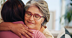 Hug, gratitude and support with old woman and daughter in home, family for love and bonding for comfort in living room. Peace, trust and embrace with senior mom, female person and together at house