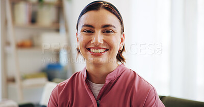 Buy stock photo Smile, nurse and portrait with woman on sofa at nursing home for healthcare, volunteer and occupational therapist. Happiness, caregiver and medical care with person in assisted living center for help