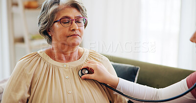 Buy stock photo Senior woman, caregiver and stethoscope at house of medical exam, cardiology and listen to heartbeat. Elderly person, nurse and chest assessment for breathing, monitor heart rate and asthma wellness 