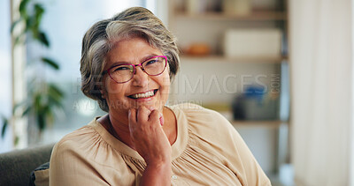 Buy stock photo Portrait, smile and senior woman at home with glasses for vision, eyesight and comfort in living room. Pensioner, wellness and old person with spectacles in house for retirement and relax on sofa