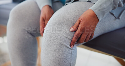 Buy stock photo Person, hands and knee with leg injury for physiotherapy, arthritis or joint inflammation on bed at clinic. Closeup, patient or sore ache with pain for muscle tension, fibromyalgia or osteoporosis