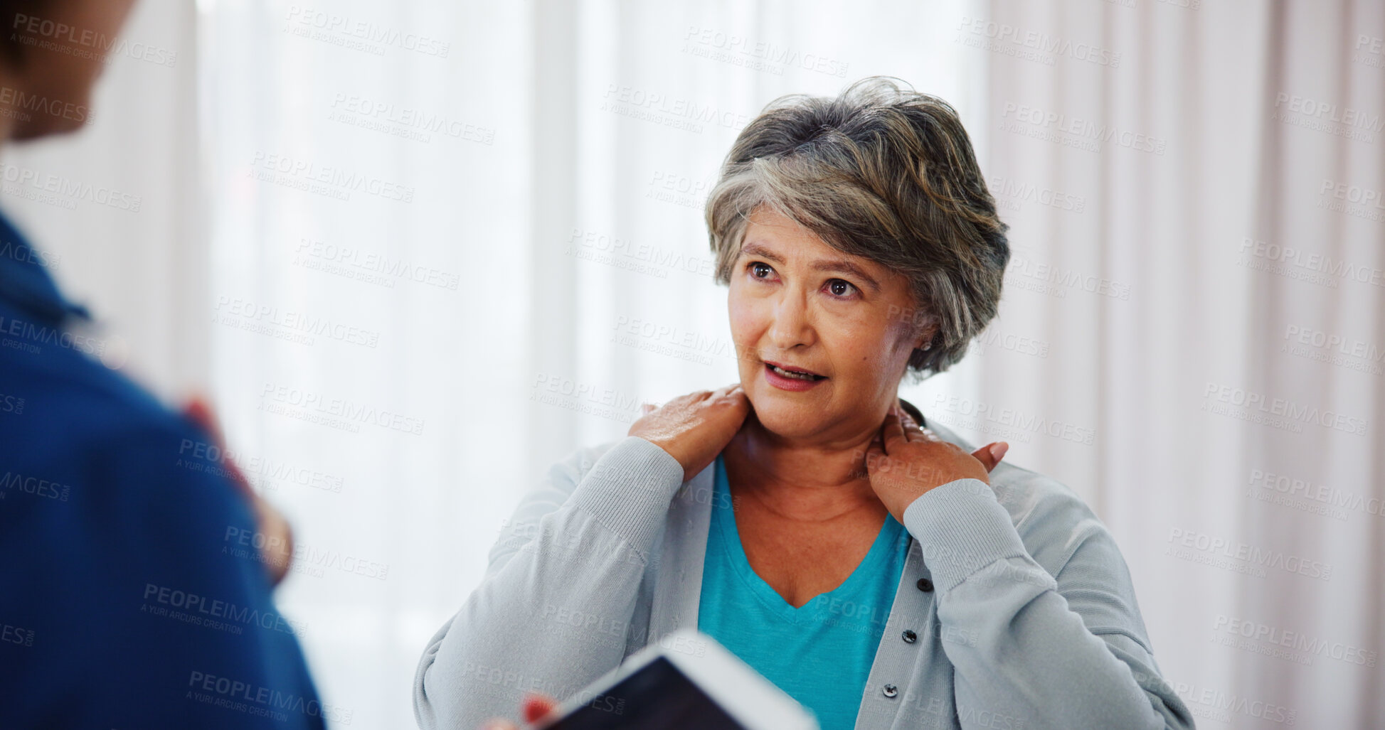 Buy stock photo Mature woman, shoulder pain or consultation with therapist for injury or muscle tension at clinic. Female person, sore neck or physiotherapy with inflammation for checkup, medical diagnosis or advice