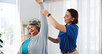 Senior woman, stretching and consultation with therapist for physical therapy, mobility exercise or rehabilitation. People, help patient and training for physiotherapy, medical recovery and treatment