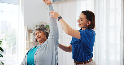 Buy stock photo Senior woman, consultation and stretching with physiotherapist, mobility exercise or rehabilitation. People, helping and patient support for physical therapy, muscle recovery and treatment assistance