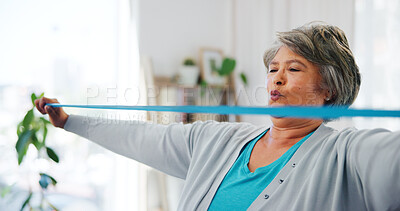 Buy stock photo Senior woman, stretching and band for fitness with physical therapy, mobility exercise or rehabilitation. Elderly person, equipment and support for physiotherapy, medical recovery and joint treatment