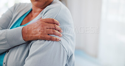 Buy stock photo Person, hands or shoulder pain with injury at clinic for physiotherapy, joint inflammation or muscle tension. Closeup, patient or sore arm with ache for osteoporosis, discomfort or arthritis on space