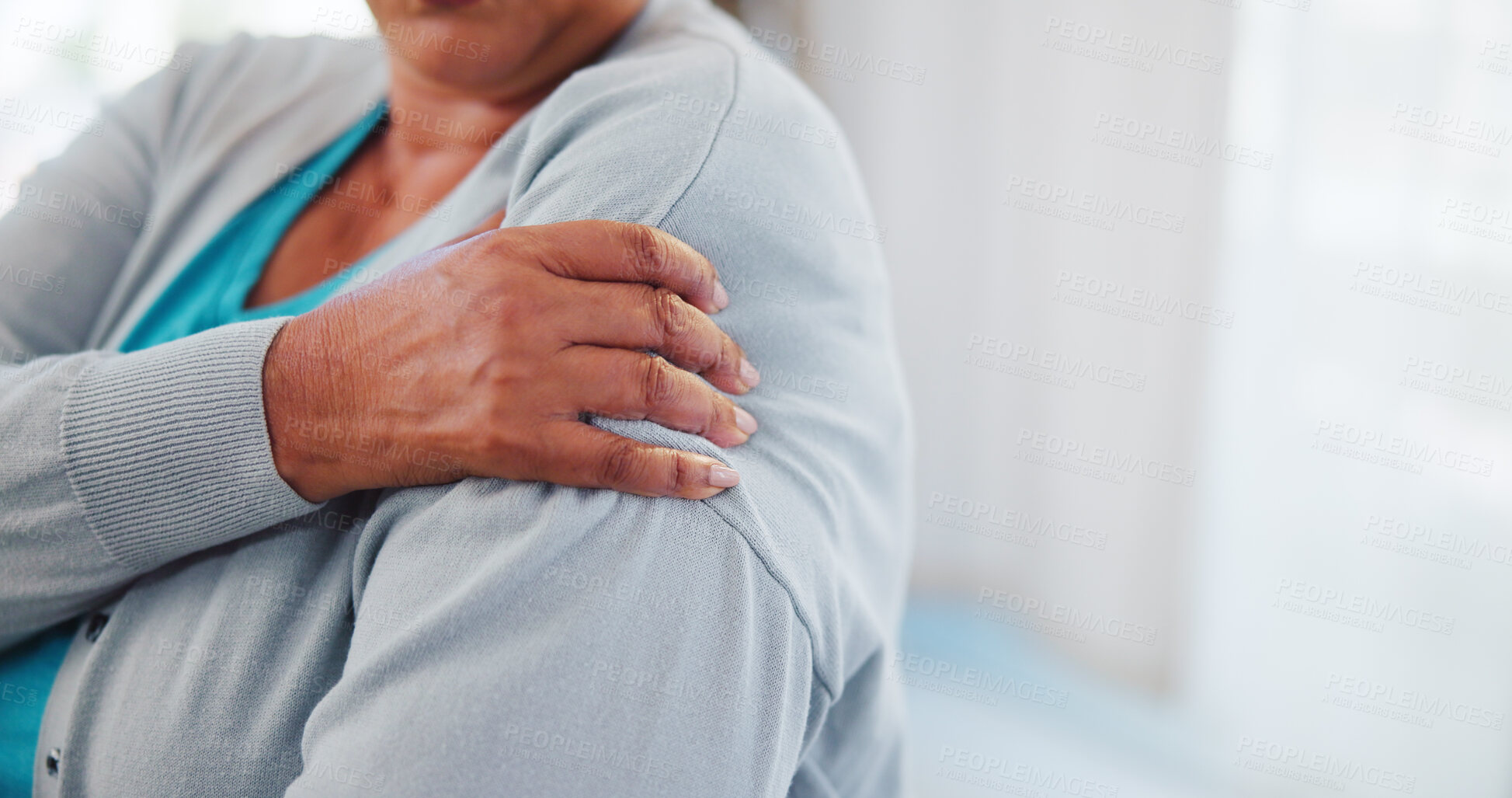 Buy stock photo Person, hands or shoulder pain with injury at clinic for physiotherapy, joint inflammation or muscle tension. Closeup, patient or sore arm with ache for osteoporosis, discomfort or arthritis on space