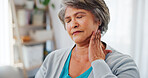 Mature woman, neck pain or injury with stress for bad posture, sprain or spasm at home. Female person, sore or ache with fibromyalgia or joint inflammation for muscle tension or pressure at house