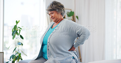 Buy stock photo Mature woman, back pain or injury with stress for bad posture, sprain or spasm at clinic. Female person, sore spine or ache with fibromyalgia or joint inflammation for muscle tension or pressure