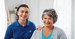 Happy, physiotherapist and portrait of senior woman for wellness, consultation and physical therapy. Healthcare, medical service and patient with chiropractor for rehabilitation, recovery and healing