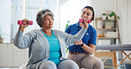 Elderly woman, dumbbells and consultation with therapist for stretching, mobility exercise and rehabilitation. People, helping and patient training for physical therapy, muscle recovery and treatment