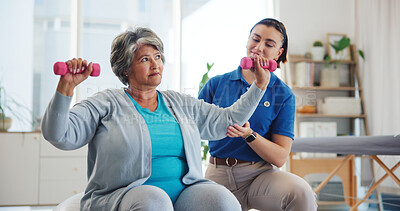 Buy stock photo Elderly woman, dumbbells and stretching with physiotherapist, mobility exercise and rehabilitation. People, helping and patient support for physical therapy, muscle recovery and treatment assistance