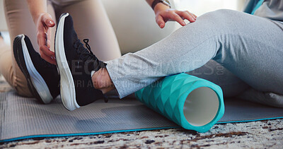 Buy stock photo Instructor, fitness and help with legs roller for physiotherapy, mobility training and rehabilitation. Therapist, senior patient and support of physical therapy, muscle recovery and medical treatment