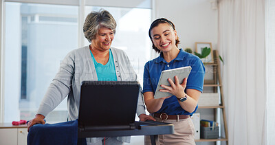 Buy stock photo Fitness, senior or woman on treadmill with tablet for rehabilitation, cardio exercise or health. People, physical therapy or elderly person in home for energy check, weight loss or mobility.