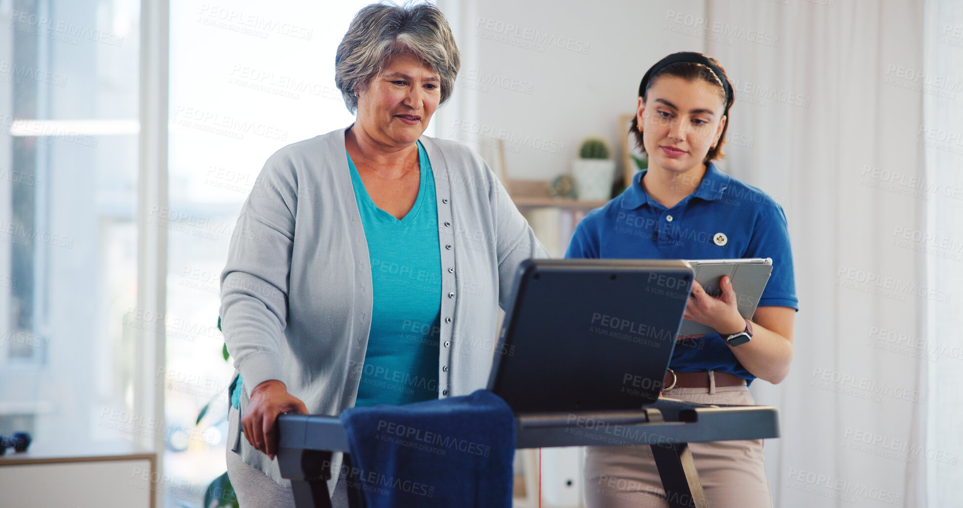Buy stock photo Physiotherapist, elderly or woman on treadmill with tablet for physiotherapy, cardio exercise or health. People, rehabilitation or senior person in home for energy check, weight loss and mobility