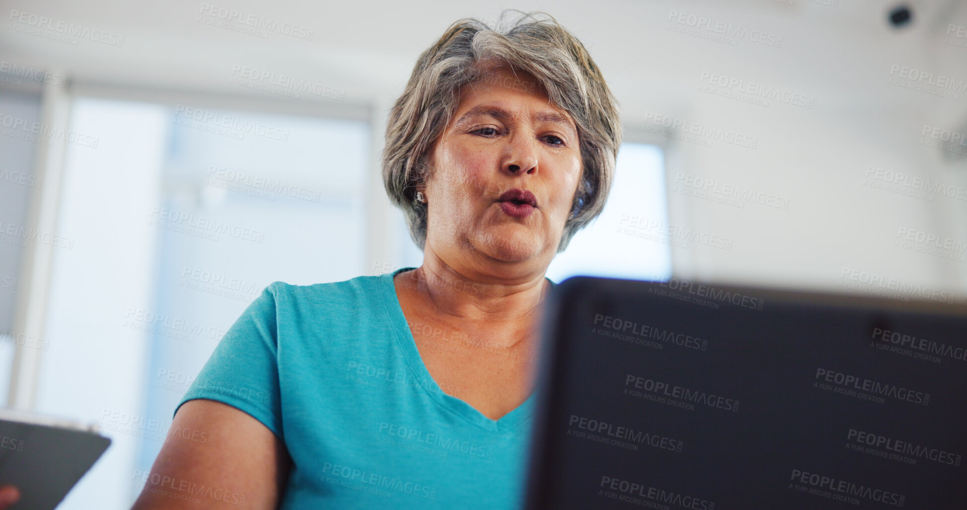 Buy stock photo Home, senior woman or walking on treadmill in for fitness energy, cardio exercise or health. Breathing, elderly person or low angle on machine for morning mobility routine, weight loss or wellness