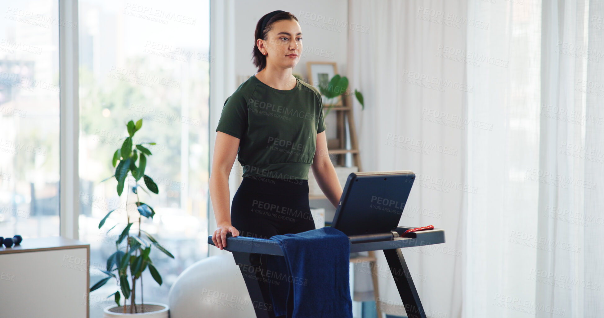 Buy stock photo Fitness, woman and walking on treadmill in home for workout challenge, cardio warm up and burning calories. Athlete, person and exercise on machine for morning routine, weight loss and performance