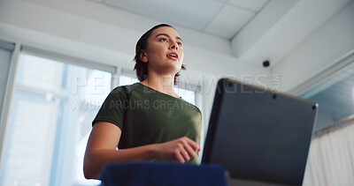Buy stock photo Fitness, girl and running on treadmill in home for endurance challenge, cardio exercise or burning calories. Below, person and workout on machine for morning routine, weight loss or wellness training