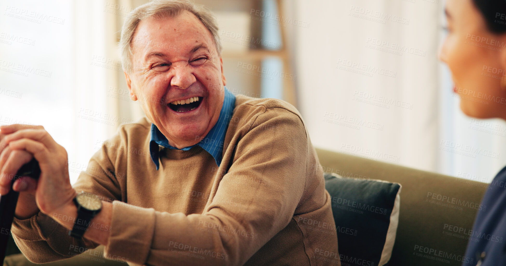 Buy stock photo Home, funny and nurse with old man, smile and laughing with happiness, bonding together and humor. Pensioner, senior person and caregiver with comedy, cheerful and support with joke, relax and joyful