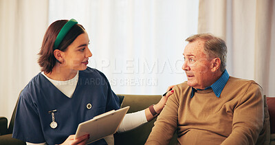 Buy stock photo Nurse, consulting and senior man on sofa for assisted living, medical service and care in nursing home. Retirement, clipboard and caregiver with elderly person for healthcare, support and help