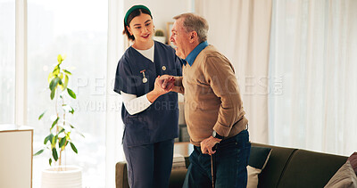 Buy stock photo Caregiver, senior man and walker at house for mobility, balance support and medical rehabilitation. Healthcare, nurse and elderly person with disability for assistance, recovery progress and wellness