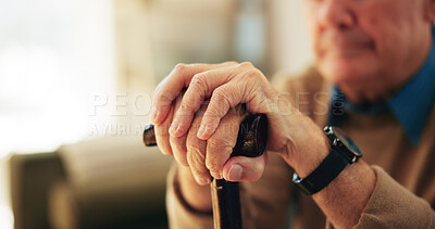 Buy stock photo Retirement, hands and senior person with walking stick, thinking and elderly patient with disability. Nursing home, mental health and old man with depression for illness, rehabilitation and lonely