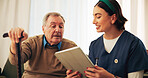 Nurse, tablet and senior man on sofa for assisted living, medical service and internet in nursing home. Retirement, healthcare and caregiver with elderly person for consulting, online report and help