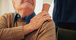 Caregiver, shoulder and support with hand on old man for consulting in closeup, nursing home or retirement. Therapy, senior care and touching elderly patient for compassion, empathy or medic help