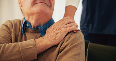 Buy stock photo Caregiver, shoulder and support with hand on old man for consulting in closeup, nursing home or retirement. Therapy, senior care and touching elderly patient for compassion, empathy or medic help