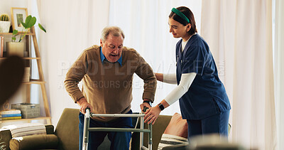 Buy stock photo Caregiver, elderly man and walker at house for mobility, balance support and medical rehabilitation. Healthcare, nurse and senior person with disability for assistance, helping and recovery wellness