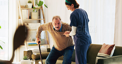 Buy stock photo Caregiver, senior man and help walking at house for mobility, balance support and medical rehabilitation. Nurse, stick and elderly person with disability for assistance, guidance and muscle recovery