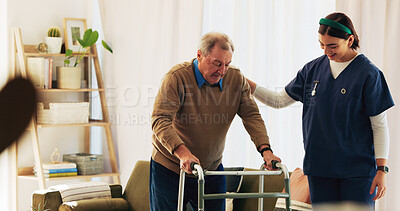 Buy stock photo Caregiver, elderly man and help with walker for mobility, balance support and rehabilitation. Healthcare, nurse and senior person with disability for assistance, medical recovery and guidance at home