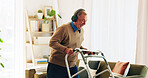 Headphones, walking frame and senior man in home listening to radio, audio and song for fun. Retirement, excited and elderly person with disability and energy for music, track and dance in house
