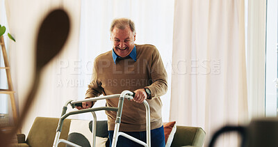 Buy stock photo Smile, senior man and walker at house for mobility, balance support and rehabilitation healing. Healthcare, assistance and elderly person with disability for good news, recovery progress and wellness