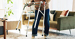 Hands, senior man and walker at house for mobility, balance support and rehabilitation healing. Healthcare, assistance and elderly person with disability for stability, recovery and walking wellness